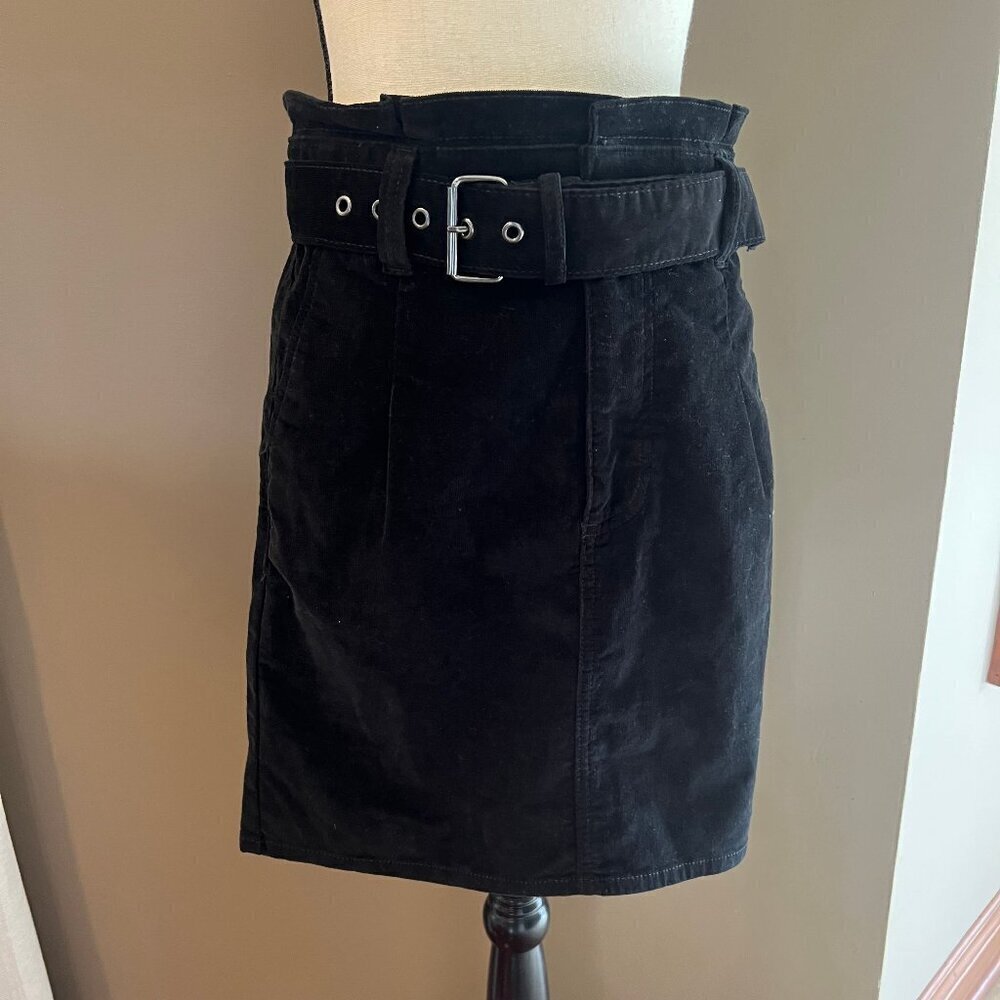 Express Corduroy Black Belted Mini Skirt, High Rise Stretch, Size 6